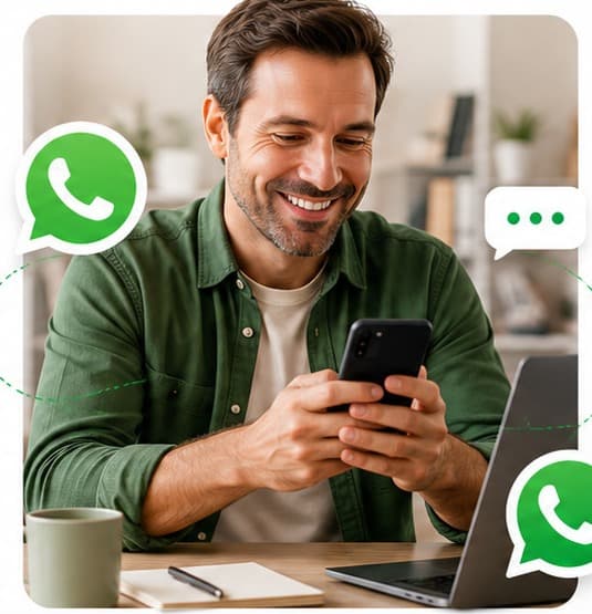 Dueño de negocio respondiendo WhatsApp desde su celular