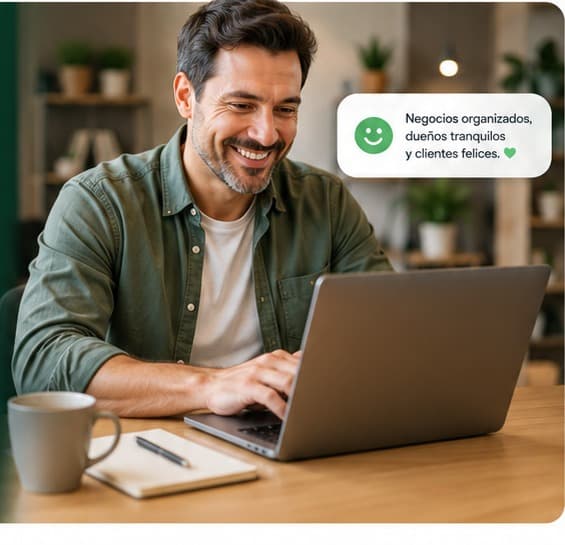 Dueño de negocio organizando su WhatsApp desde la laptop con MamboChat